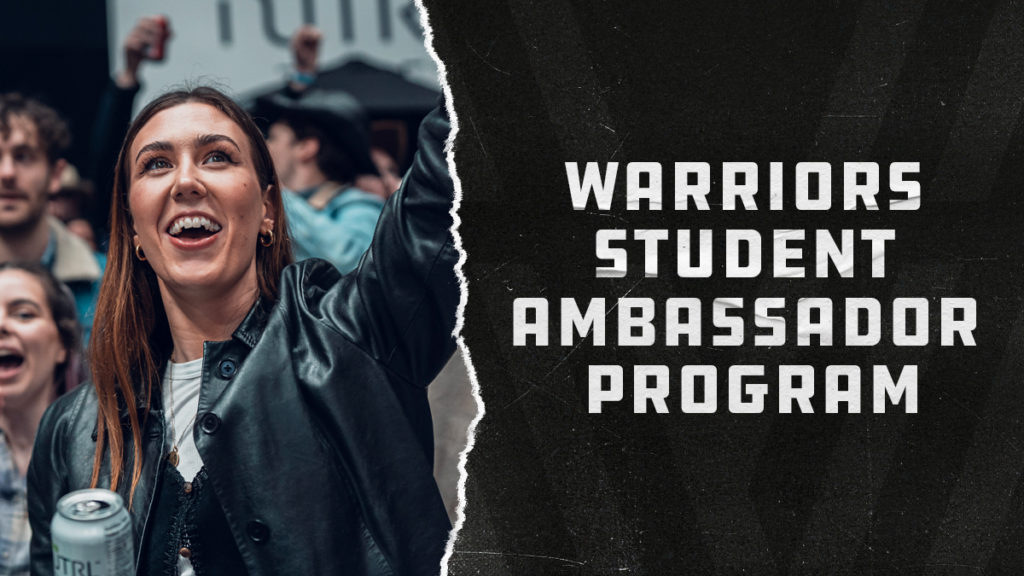 Graphic featuring a young person cheering during a Warriors game, next to text 'Warriors Student Ambassador Program'.